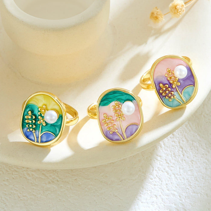 Wholesale copper micro-inlaid enamel painted drip flower open ring