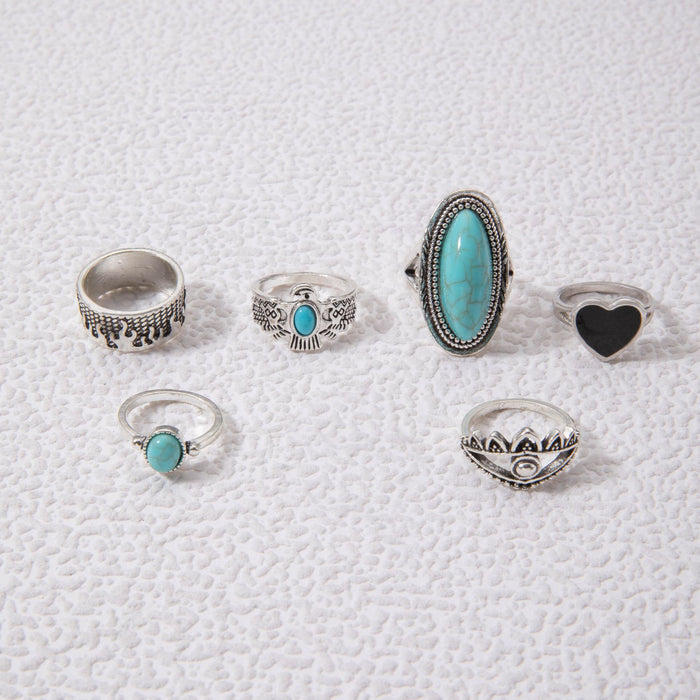 Vintage Turquoise Heart Ring Set - 6pcs Stylish Exaggerated Rings