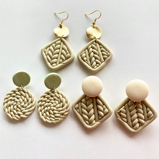 Handmade Geometric Clay Earrings - Artistic Woven Texture Circle Design