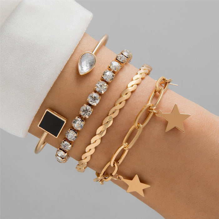 Punk-Style Diamond-Studded Bracelet Set - Luxury Metal Geometric Jewelry