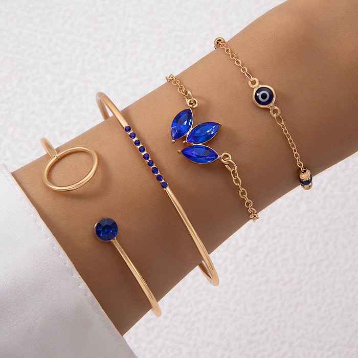 Blue Gemstone Petal Bracelet Set - Butterfly Open Cuff Four-Piece Jewelry