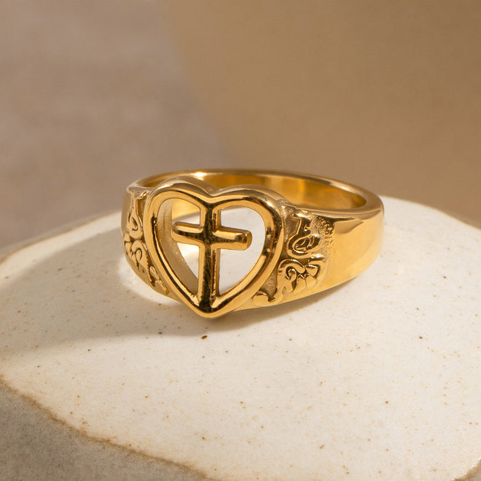 Stainless steel cross heart ring