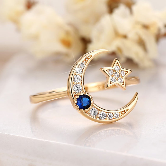 Anillo abierto de estilo frío con diseño de nicho de estrella y luna de moda