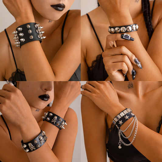 Punk Leather and Stud Bracelet - Dark Style Jewelry for Women