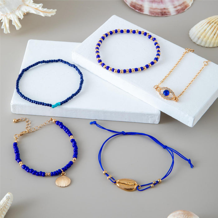 Bohemian Shell and Blue Bead Bracelet Set - Five-Piece Evil Eye Jewelry