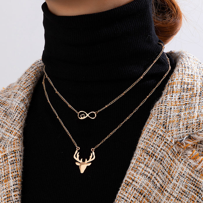 Collar de doble capa con reno navideño: cadena multicapa dorada para mujer