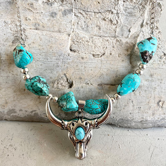 Pumpkin Flower Western Necklace with Indian Tribal Elements, Turquoise Bull Head, and Cross Pendant