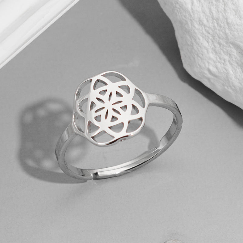 Anillo de flor de mandala, anillo abierto hueco de acero inoxidable galvanizado de 18 quilates al por mayor