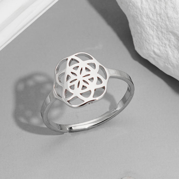 Mandala flower ring, stainless steel 18K electroplated hollow open ring wholesale