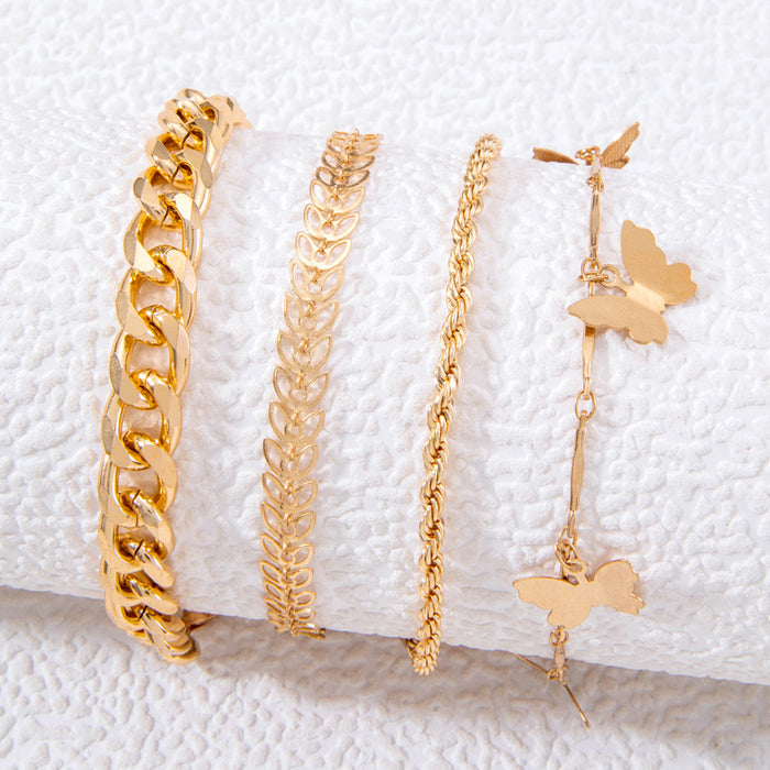 Butterfly and Leaf Bracelet Set - Multi-Layer Fashion Jewelry