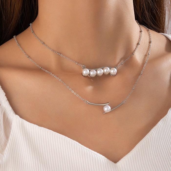 Luxury Pearl and Geometric Chain Necklace Set - Two Pieces