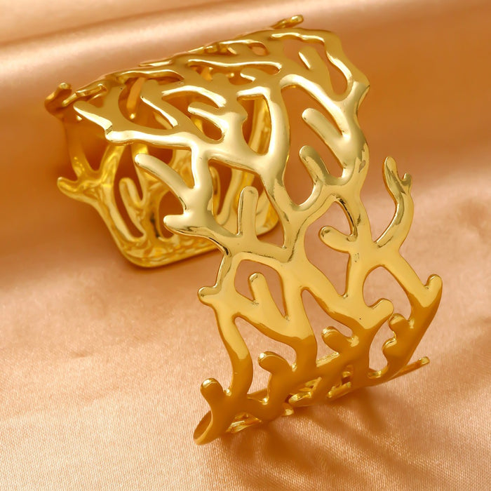 Wholesale 304 Stainless Steel Wide Open Cuff Bracelets with Irregular Shapes, Striped Textures, and Floral/Scallop Embossing