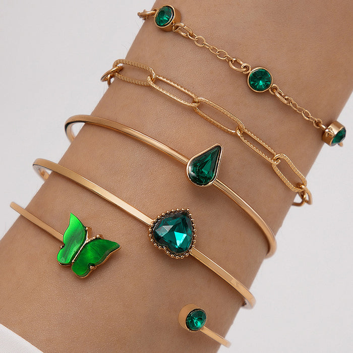 Conjunto de pulseras de diamantes de imitación con gotas de agua verdes: cinco piezas de joyería listas para las vacaciones para mujeres