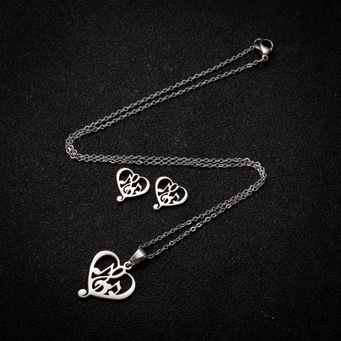 Geometric heart-shaped earrings and necklace set, stainless steel hollow musical note jewelry new wholesale