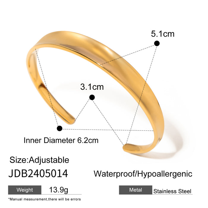 18K Gold Plated Stainless Steel Concave Smooth Open Cuff Bracelet - Minimalist Design Jewelry