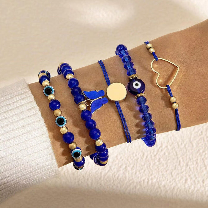 Handcrafted Blue Evil Eye Beaded Bracelet Set - Creative Butterfly Heart Jewelry