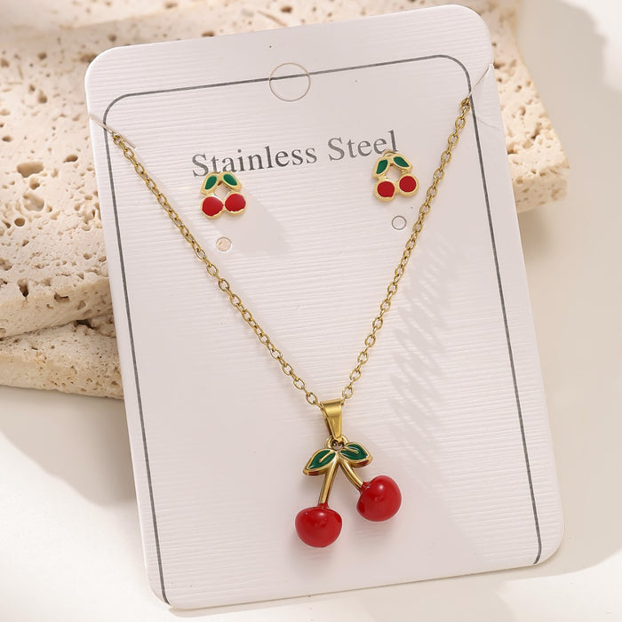 Conjunto de aretes de cadena de clavícula con colgante de cereza de oro de 18 quilates de acero inoxidable al por mayor