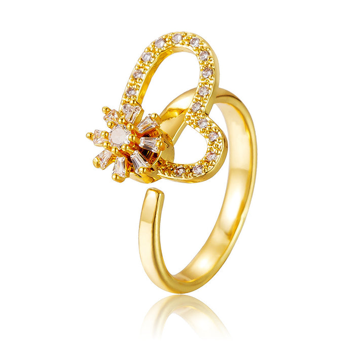 Wholesale copper micro-set rotating zircon heart and flower open ring