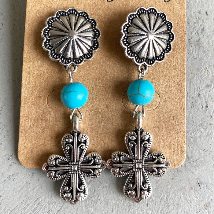 Vintage Cross and Pumpkin Flower Earrings with Turquoise and Alloy Design