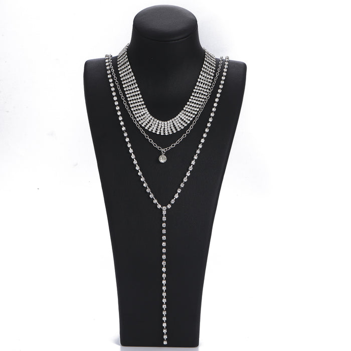 Sparkling Rhinestone Tassel Necklace - Double-Layered Statement Choker for Women