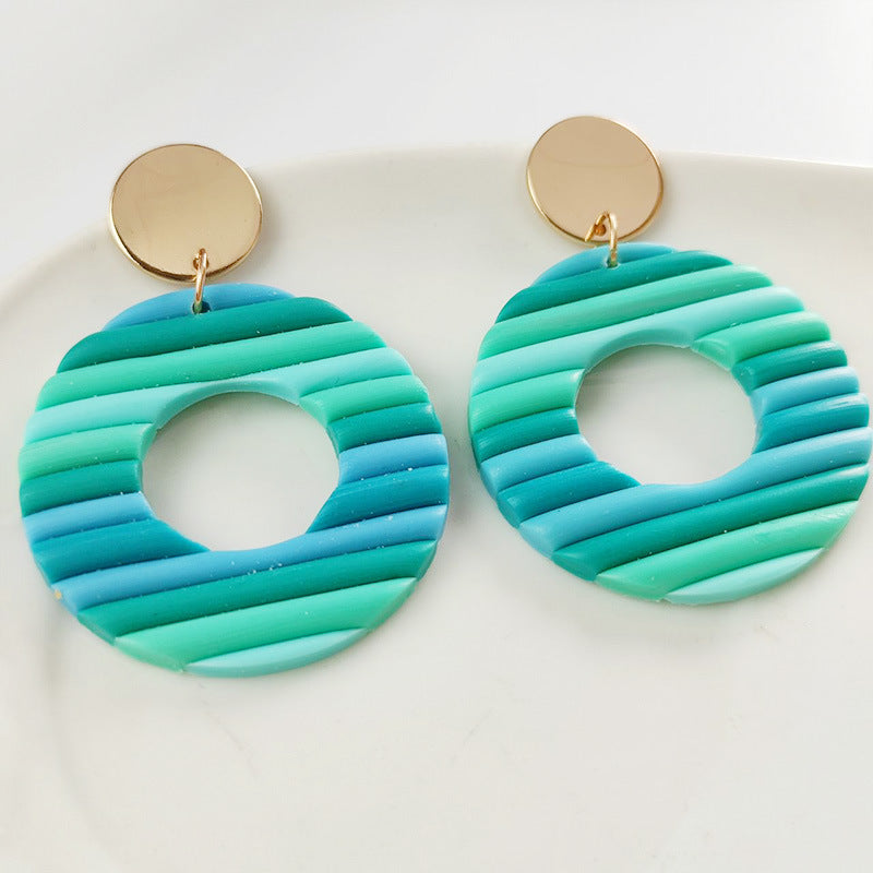 Handmade Rainbow Stripe Clay Earrings - Multicolor Geometric Hoop Design