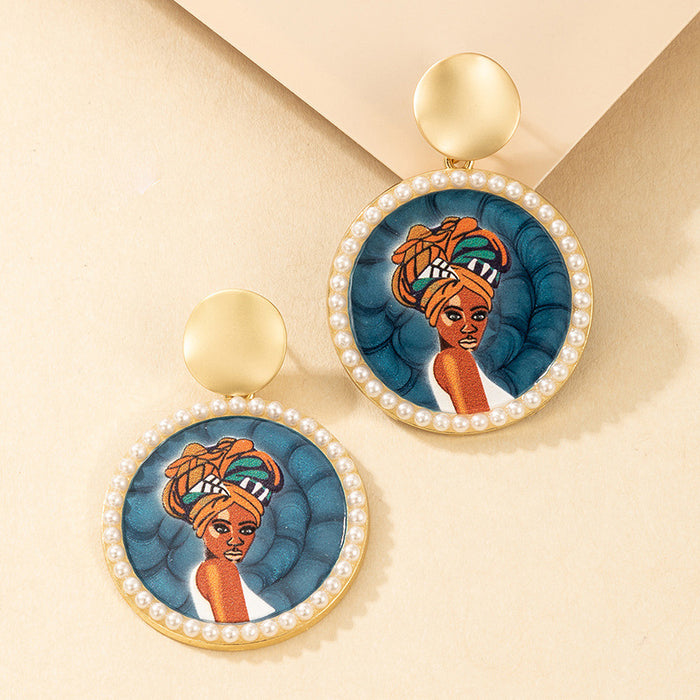 Pearl alloy round earrings DIY African head portrait handmade jewelry