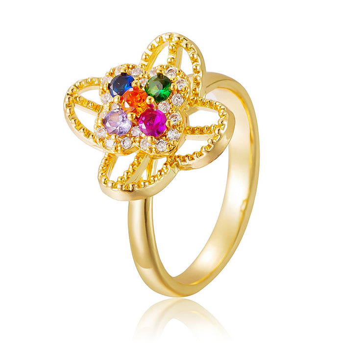 Wholesale copper micro-set colored zircon four-leaf clover flower rotating open ring