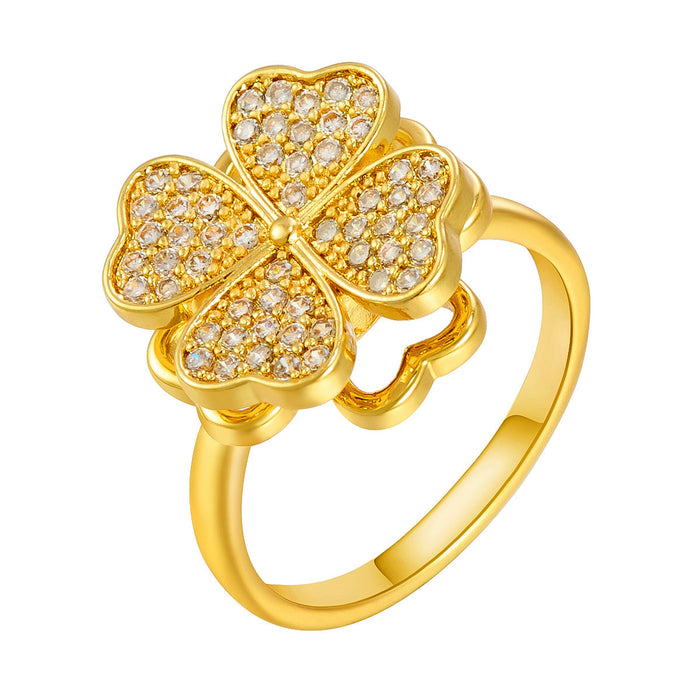 Wholesale zircon four-leaf clover rotating open ring