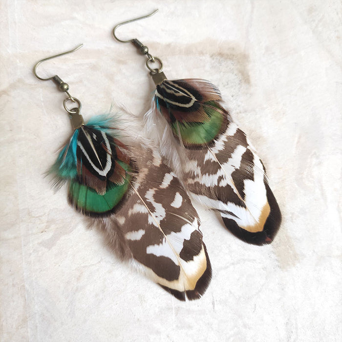 Bohemian Feather Earrings with Multi-Layer Green Leopard Feather Design