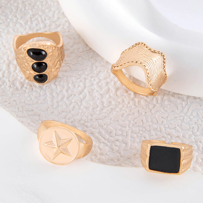 Punk Style Black Enamel Ring Set – Metal Star Stackable Joint Rings, 4-Piece Collection