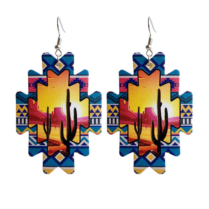 Aztec Sunflower PU Leather Earrings with Western Cowboy Style