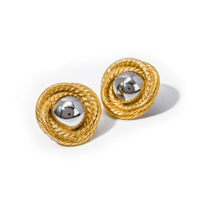 Amazon Hot 18K Gold Stainless Steel Ribbed Round Earrings - Gold-Silver Braided Titanium Steel Studs