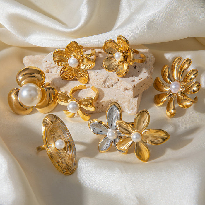 Stainless Steel Flower Pearl Ring