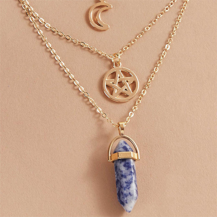 Hexagonal Moon and Star Pendant Multi-Layered Necklace