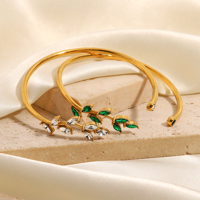 Fashionable Titanium Steel Bracelet - 18K Gold Plated Green Zircon Leaf Open Jewelry for Women