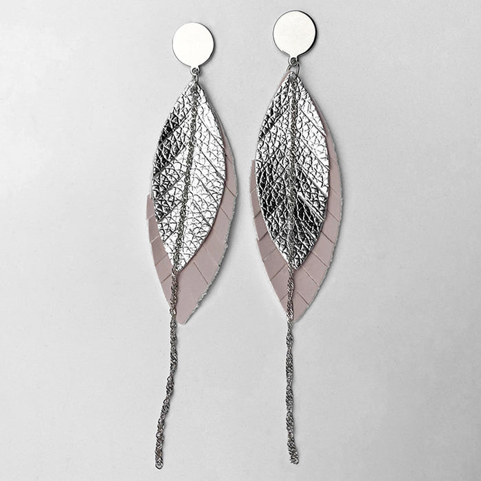 Multi-Layer Leather Earrings with Morandi Colors and Feather Chain Design