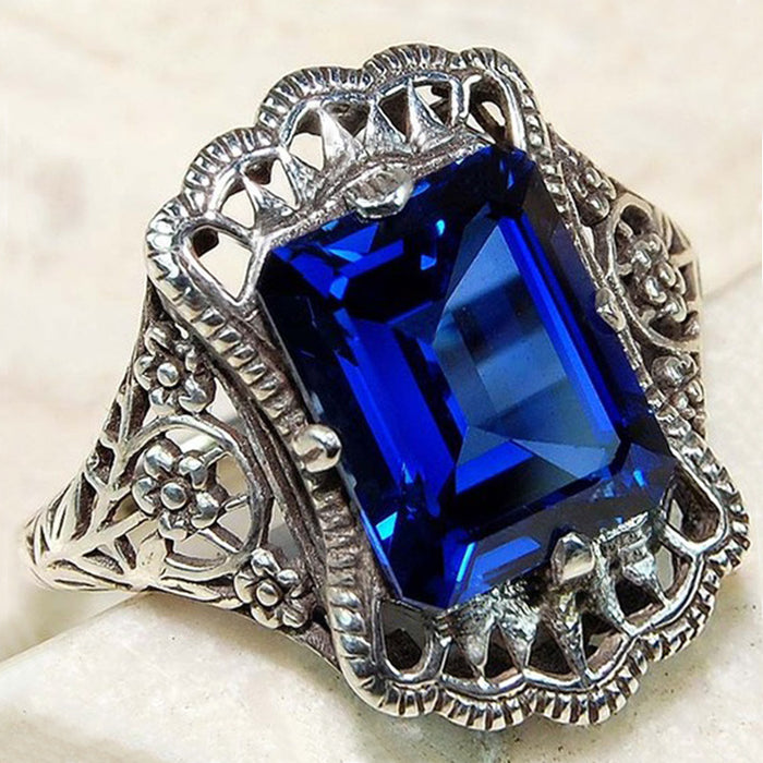 Palace style hollow royal blue zircon ring, vintage boutique