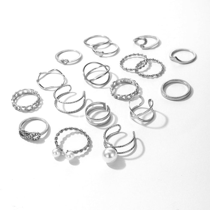 Simple Pearl Heart Open Ring Set - Nineteen-Piece Knuckle Set