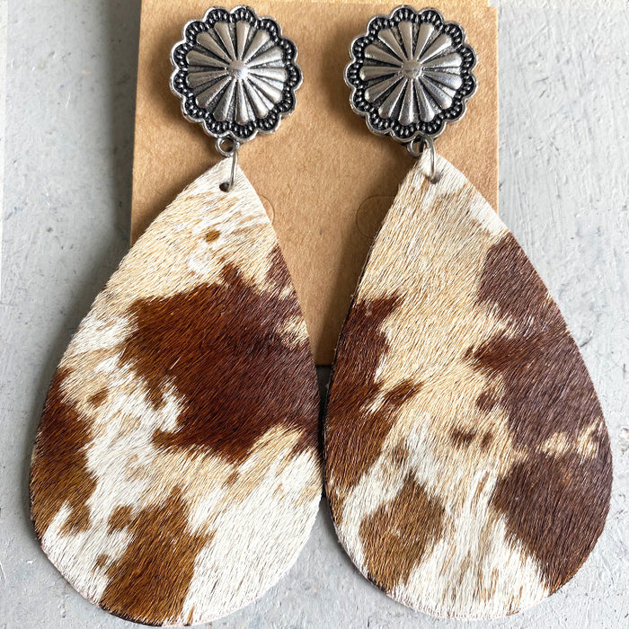 Animal Print Leather Earrings with Bohemian Long Hair and Pumpkin Flower Design