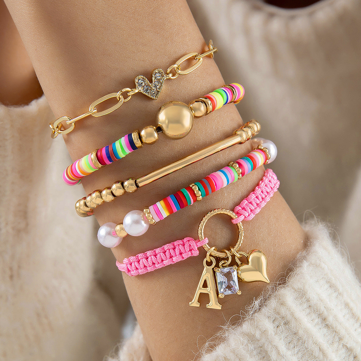 Bohemian Dopamine Colorful String Bracelet Set - Vacation Style Shell Heart Bracelet Four-Piece Set