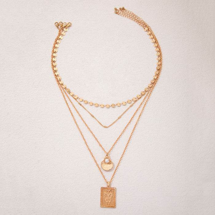 Quadruple Layered Shell and Square Pendant Necklace - Hip-Hop Inspired Accessory