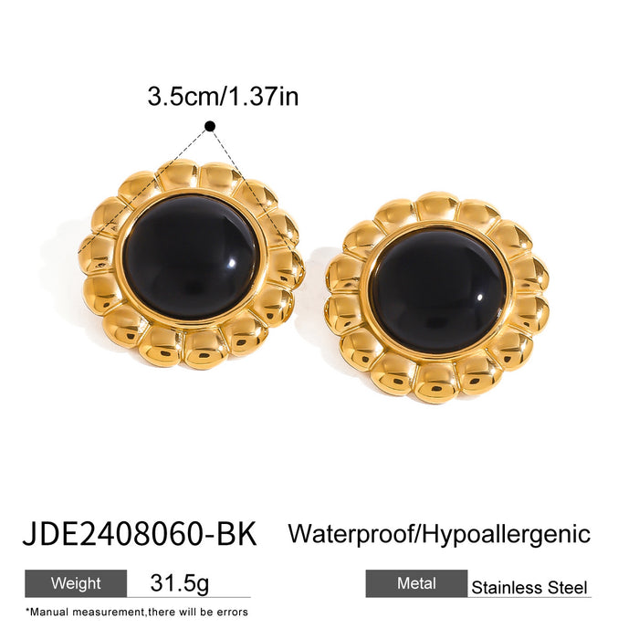 Stainless Steel 18K Gold Flower Black Onyx Earrings Vintage