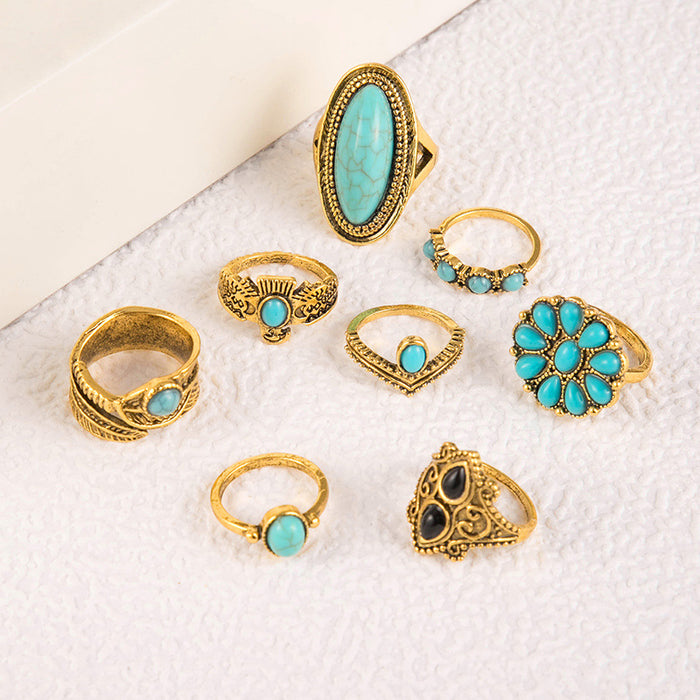 Vintage Carved Turquoise Ring Set - 8pcs Eagle Feather Rings