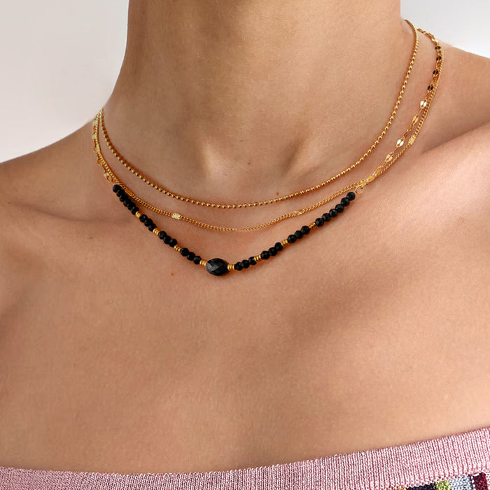 Black crystal natural stone multi-layer necklace, European and American stainless steel light luxury design