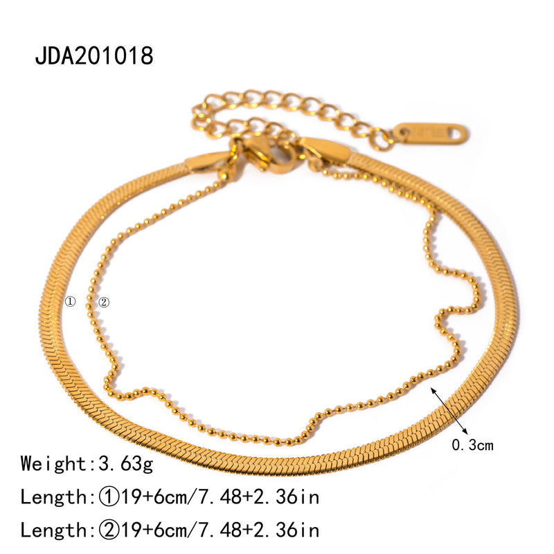 French Style Titanium Steel Anklet - 18K Gold Polished Blade Chain and Snake Chain Double Layer Anklet - wallojewerly 