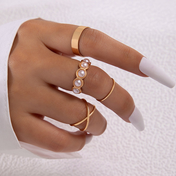 Gold Pearl and Cross Ring Set - 4-Piece Minimalist Joint Rings for Women