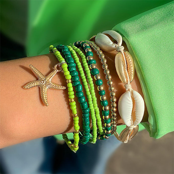 Bohemian Shell and Starfish Bracelet Set – Beach-Inspired Seven-Piece Jewelry