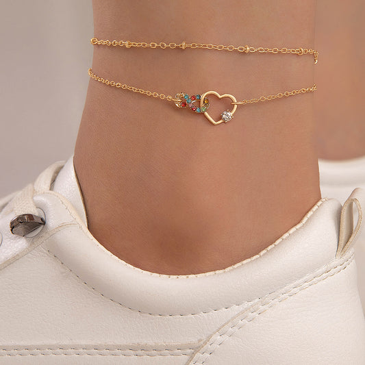 Elegant Heart Anklet Set – Multi-Layered Chains with Rhinestone Accents