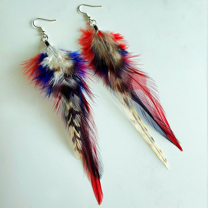 Independence Day Feather Leather Earrings with American Flag and Metal Mesh Design