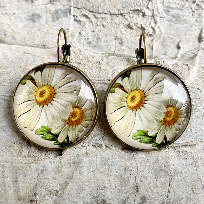 Vintage Glass Earrings with Sunflower, Sunflower, and Lavender Design